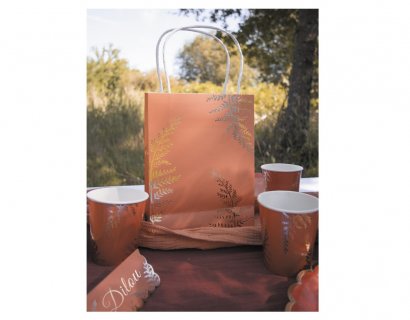Deluxe paper bags with handles in terracotta color with gold ferns