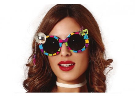 Colorful glasses with the musical notes and the disco ball