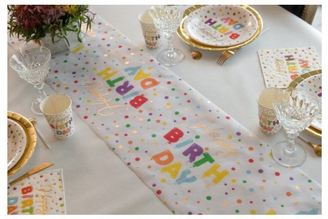 Decorative fabric runner for a birthday party table decoration with colorful print