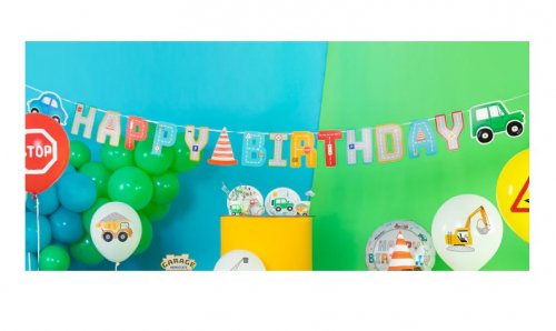 Decorative garland for a birthday party with the colorful vehicles theme
