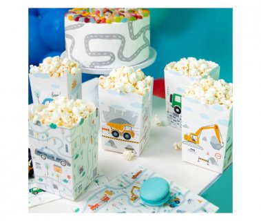 Treat - pop corn boxes with the colorful vehicles party theme