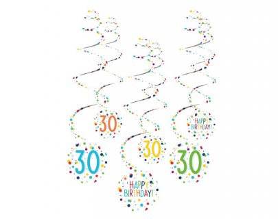 Colorful dots with number 30 hanging swirl decorations (6pcs)