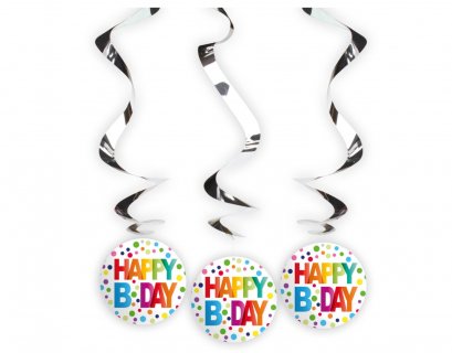 Colorful Happy Birthday swirl decorations 3pcs
