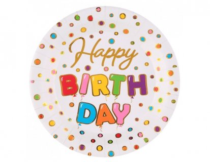 Colorful balloons Happy Birthday large paper plates with gold foiled details 10pcs