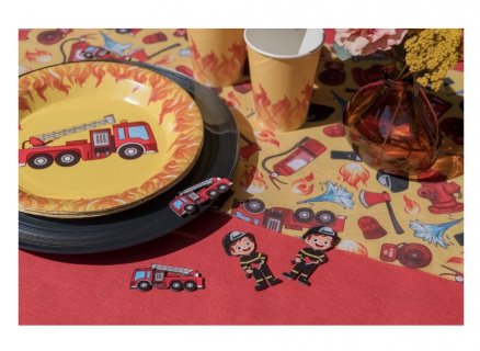 Wooden confetti for table decoration in a Fire Department theme party