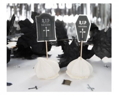 Decorative picks in the shape of a coffin and a tombstone in black color with silver foiled details