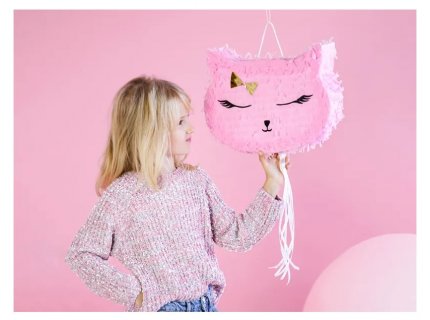 Pull πινιάτα με σχήμα το κεφάλι της γάτας σε ροζ χρώμα