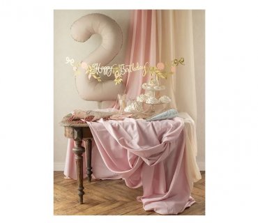 Garland with flowers design and Happy Birthday letters in rose and gold color