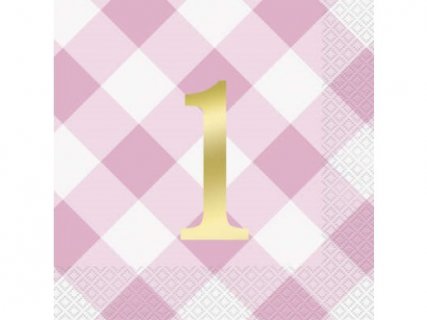Ροζ Καρό Χαρτοπετσέτες για τα Πρώτα Γενέθλια (16τμχ)