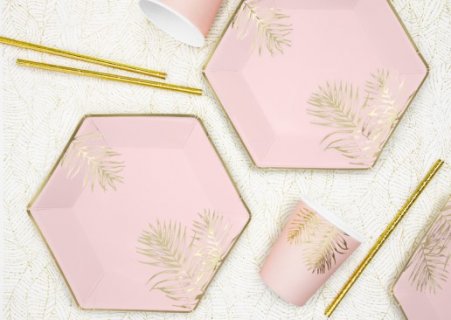 pink-paper-plates-with-gold-tropical-leaves-themed-party-supplies-tpp54081