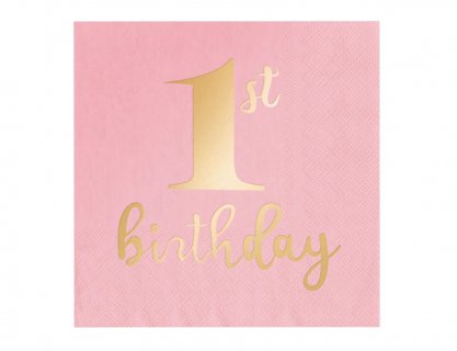 Pink napkins with gold foiled 1st birthday print 10pcs