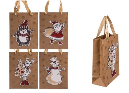 Kraft paper gift bags with 3D Christmas designs 4pcs