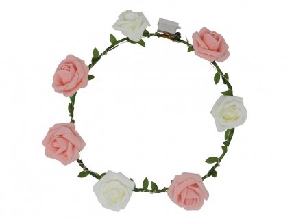 Headband with white amd pink roses and lights