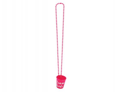 Fucshia bead necklave with a shot glass with white Team Bride print for a bachelorette party