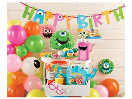 Decorative Happy Birthday letter garland for a Monster theme party.