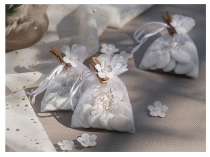 White color organza bags with gold metallic Thank You print