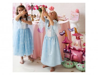 Self standing foil balloon in the shape of a castle for a princess theme party