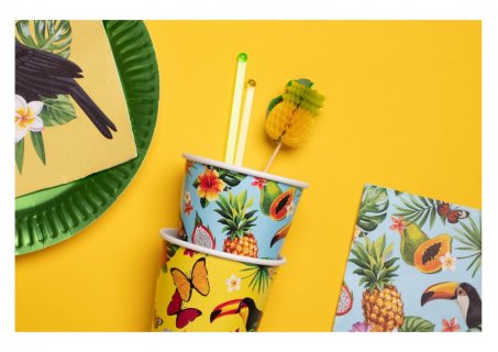 Paper cups for a Toucan tropical theme party