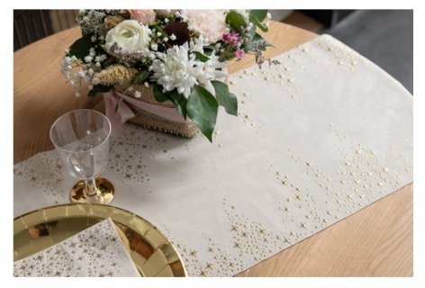 Velvet runner for table decoration in white-ivory color with gold stars embossed design