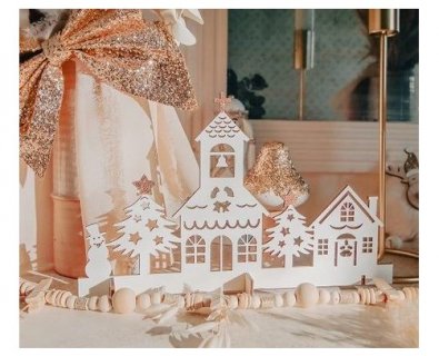 Village on snow wooden centerpiece for your Christmas table decoration