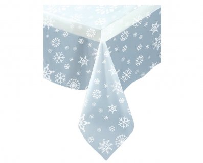 Clear plastic tablecover with snowflakes design.