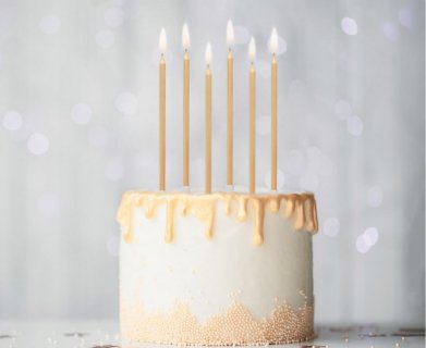 Tall birthday cake candles in light gold metallic color