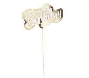 Happy Birthday gold cake topper with white print