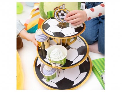 Τριώροφο σταντ για cupcakes με σχέδιο την μπάλα του ποδοσφαίρου και με χρυσό περίγραμμα