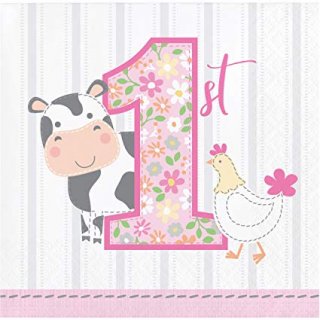 Pink beverage napkins for first birthday with the Farm animals theme