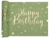 Olive green table runner with gold Happy Birthday letters 28cm x 300cm