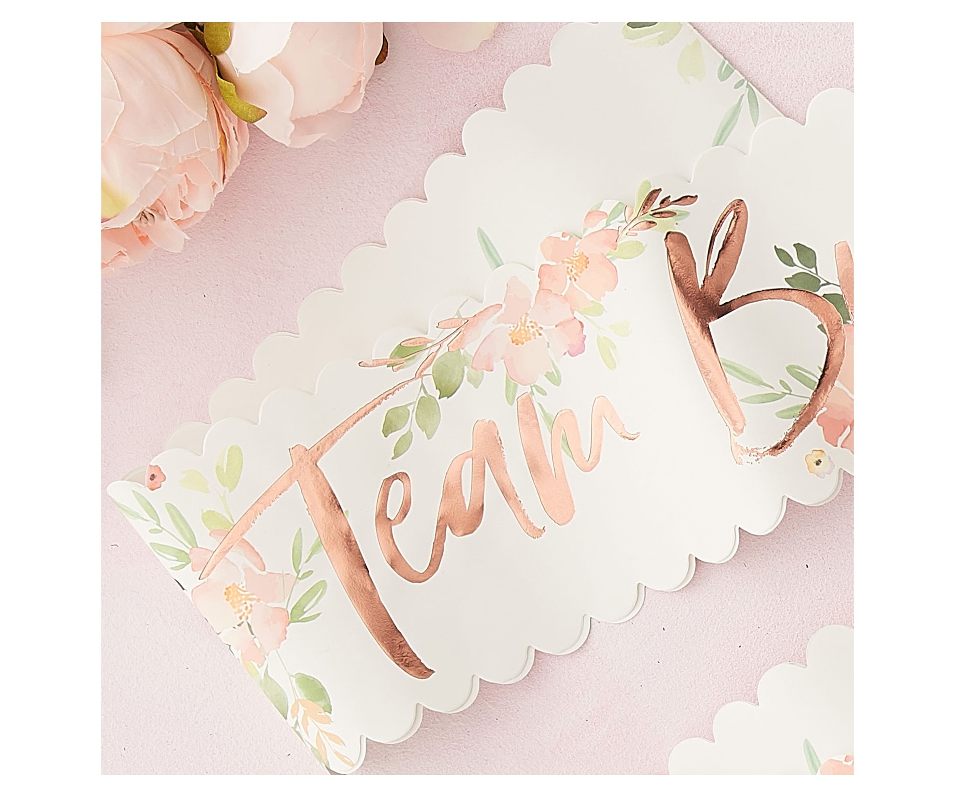 Κορδέλες Team Bride με floral σχέδιο και ροζ χρυσό τύπωμα για μπατσελορέτ πάρτυ